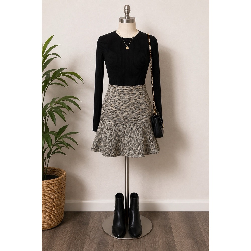 Theory Gida Wool Knit Flare Mini Skirt Petite P Gray Black Evian Space